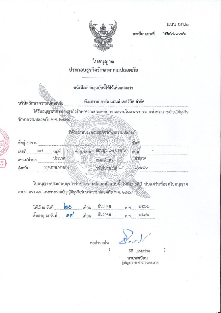 Certificate PSY ใบอนุญาตประกอบธุรกิจรักษาความปลอดภัย